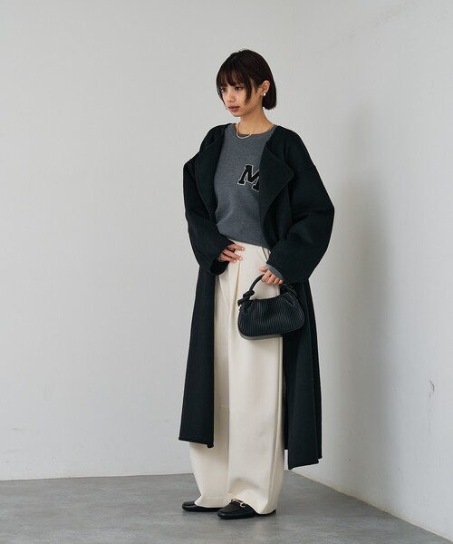 セール】【体型カバー】ノーカラーロングコート（ノーカラーコート