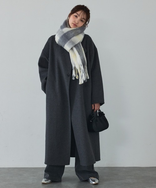 セール】【体型カバー】ノーカラーロングコート/冬服/長袖/フォーマル