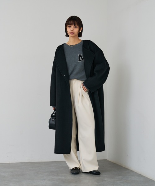 AVIE 定価5万円ノーカラーコート 黒 セール】【体型カバー】ノーカラーロングコート（ノーカラーコート