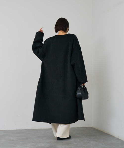 セール】【体型カバー】ノーカラーロングコート（ノーカラーコート