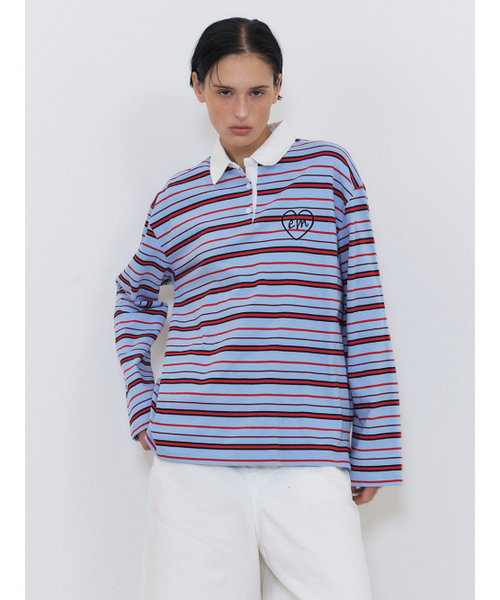 ETMON（エトモン）の「Love Stripe Collared T-Shirt, Sky Blue（ポロシャツ・レディース・その他・FREE）」の2枚目の写真