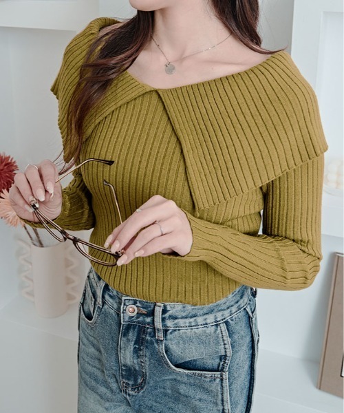 kirakiraShop(キラキラショップ)の「ビッグカラー リブ ニット トップス(ニット/セーター・レディース・ライム/ブラウン/ホワイト/ブラック/チャコール・FREE)」の5枚目の写真