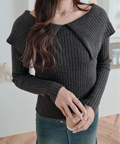 kirakiraShop(キラキラショップ)の「ビッグカラー リブ ニット トップス(ニット/セーター・レディース・ライム/ブラウン/ホワイト/ブラック/チャコール・FREE)」の3枚目の写真