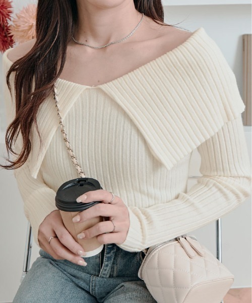 kirakiraShop(キラキラショップ)の「ビッグカラー リブ ニット トップス(ニット/セーター・レディース・ライム/ブラウン/ホワイト/ブラック/チャコール・FREE)」の6枚目の写真