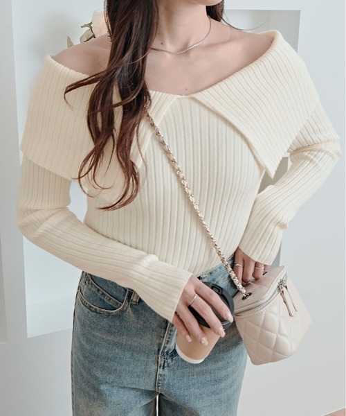 kirakiraShop(キラキラショップ)の「ビッグカラー リブ ニット トップス(ニット/セーター・レディース・ライム/ブラウン/ホワイト/ブラック/チャコール・FREE)」の12枚目の写真
