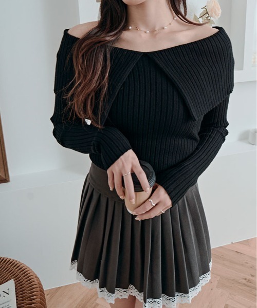 kirakiraShop(キラキラショップ)の「ビッグカラー リブ ニット トップス(ニット/セーター・レディース・ライム/ブラウン/ホワイト/ブラック/チャコール・FREE)」の11枚目の写真