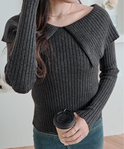 kirakiraShop(キラキラショップ)の「ビッグカラー リブ ニット トップス(ニット/セーター・レディース・ライム/ブラウン/ホワイト/ブラック/チャコール・FREE)」の10枚目の写真