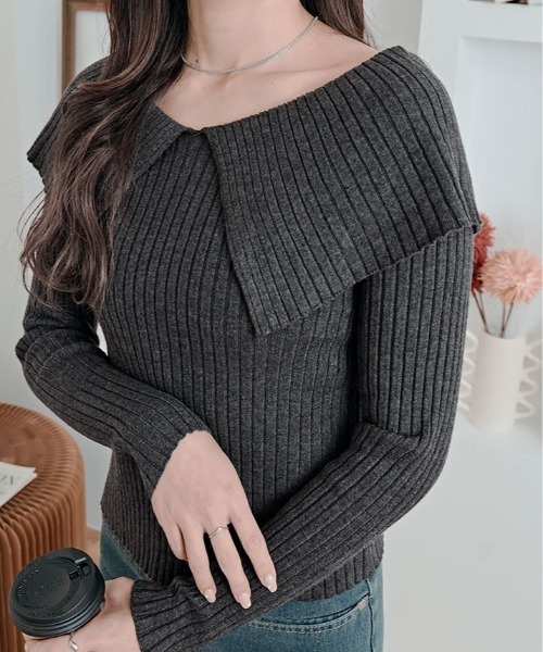 kirakiraShop(キラキラショップ)の「ビッグカラー リブ ニット トップス(ニット/セーター・レディース・ライム/ブラウン/ホワイト/ブラック/チャコール・FREE)」の15枚目の写真
