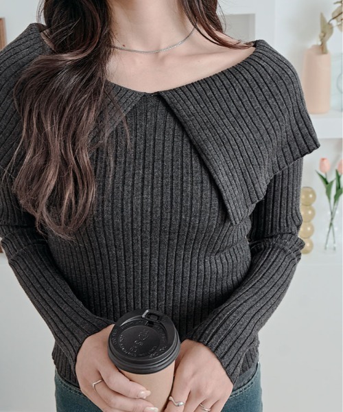 kirakiraShop(キラキラショップ)の「ビッグカラー リブ ニット トップス(ニット/セーター・レディース・ライム/ブラウン/ホワイト/ブラック/チャコール・FREE)」の22枚目の写真