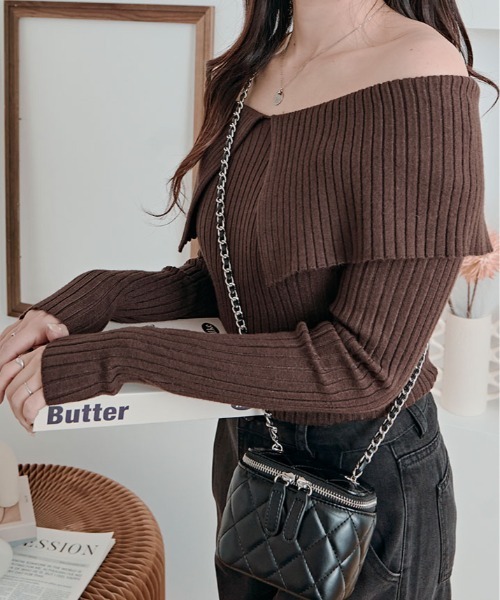 kirakiraShop(キラキラショップ)の「ビッグカラー リブ ニット トップス(ニット/セーター・レディース・ライム/ブラウン/ホワイト/ブラック/チャコール・FREE)」の14枚目の写真