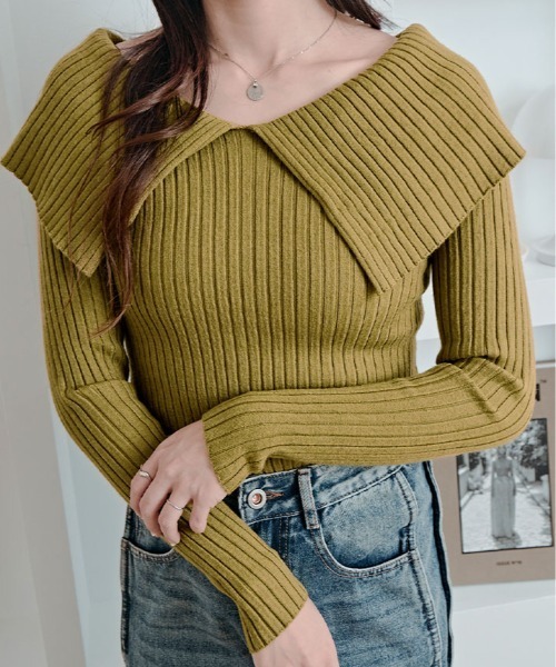 kirakiraShop(キラキラショップ)の「ビッグカラー リブ ニット トップス(ニット/セーター・レディース・ライム/ブラウン/ホワイト/ブラック/チャコール・FREE)」の8枚目の写真