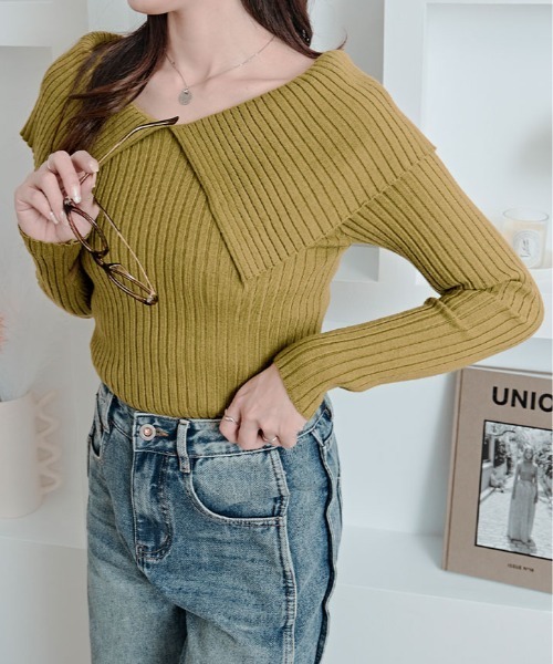 kirakiraShop(キラキラショップ)の「ビッグカラー リブ ニット トップス(ニット/セーター・レディース・ライム/ブラウン/ホワイト/ブラック/チャコール・FREE)」の20枚目の写真