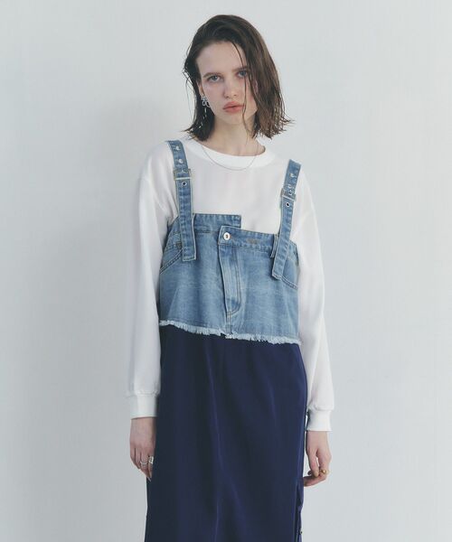 Editt by YECCA VECCA（エディットバイイェッカヴェッカ）の「デニムMIXデザインサロペット（サロペット/オーバーオール・レディース・インディゴブルー/ライトインディゴブルー・FREE）」の6枚目の写真