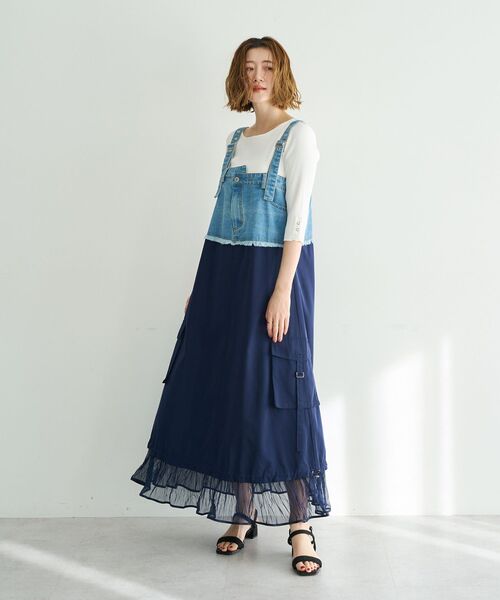 Editt by YECCA VECCA（エディットバイイェッカヴェッカ）の「デニムMIXデザインサロペット（サロペット/オーバーオール・レディース・インディゴブルー/ライトインディゴブルー・FREE）」の18枚目の写真