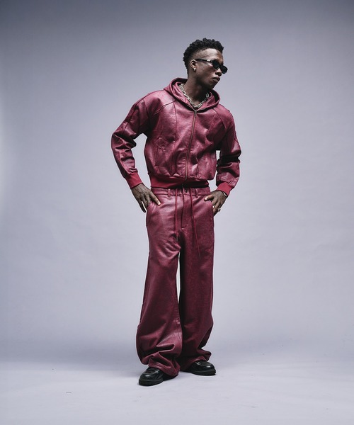 ANDER HUNK（アンダーハンク）の「Leather Like Coated Zip-up Parker / レザーライクコーティングジップパーカー（パーカー・メンズ・グレー/バーガンディー・MEDIUM/LARGE）」の7枚目の写真