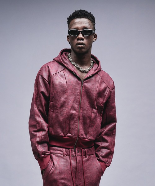 ANDER HUNK（アンダーハンク）の「Leather Like Coated Zip-up Parker / レザーライクコーティングジップパーカー（パーカー・メンズ・グレー/バーガンディー・MEDIUM/LARGE）」の16枚目の写真