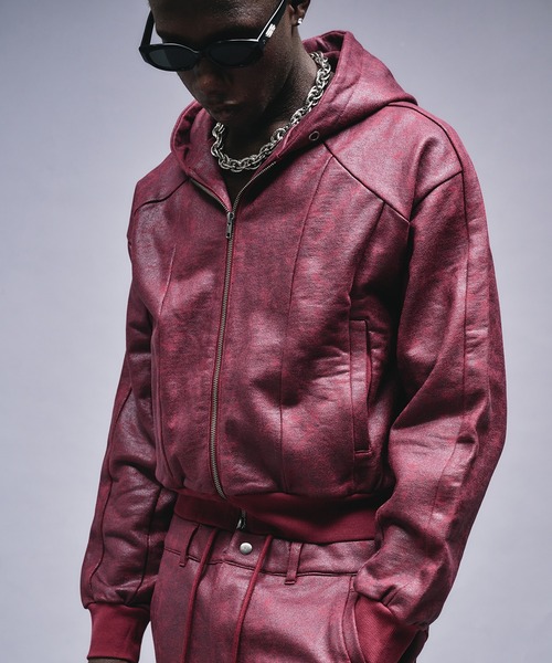 ANDER HUNK（アンダーハンク）の「Leather Like Coated Zip-up Parker / レザーライクコーティングジップパーカー（パーカー・メンズ・グレー/バーガンディー・MEDIUM/LARGE）」の10枚目の写真