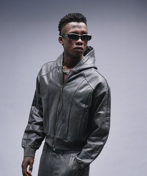 セール】Leather Like Coated Zip-up Parker / レザーライク
