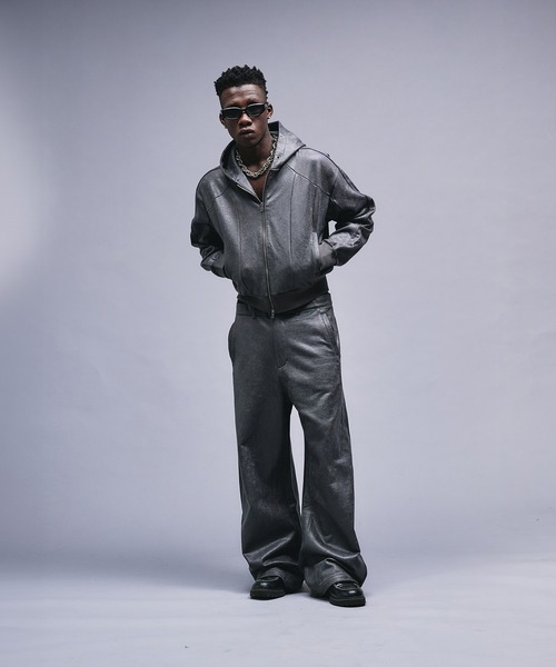 ANDER HUNK（アンダーハンク）の「Leather Like Coated Zip-up Parker / レザーライクコーティングジップパーカー（パーカー・メンズ・グレー/バーガンディー・MEDIUM/LARGE）」の22枚目の写真