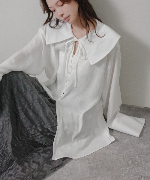 Social GIRL（ソーシャルガール）の「2026SS セーラーカラーリボンブラウス シャツブラウス 長袖ブラウス（シャツ/ブラウス・レディース・ブルー/オフホワイト/ベージュ・M）」の2枚目の写真