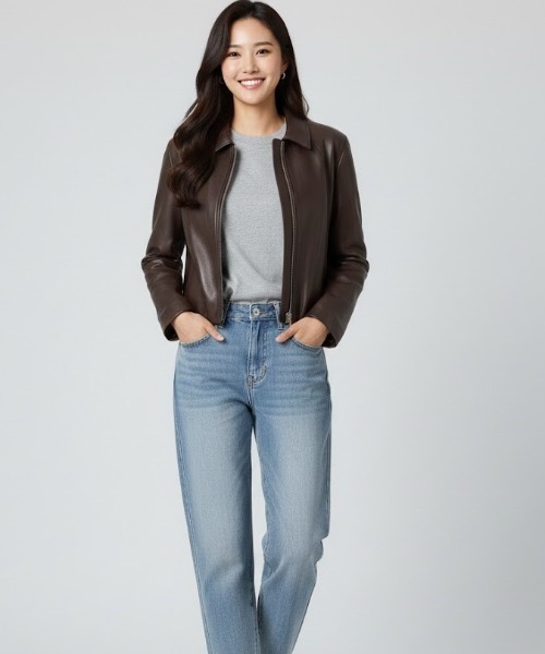 Lana821(ラナハニー)の「エコレザー ジップアップクロップドジャケット(ライダースジャケット・レディース・ブラウン・S/M/L)」の6枚目の写真