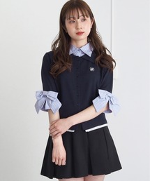 リボン布帛襟付5分袖カーディガン