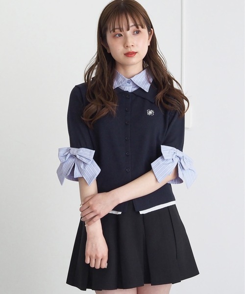 tiptop(ティップトップ)の「リボン布帛襟付5分袖カーディガン(カーディガン/ボレロ・レディース・ネイビー/ブルー系その他/グレー・FREE)」の3枚目の写真