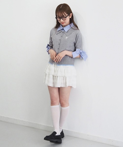 tiptop(ティップトップ)の「リボン布帛襟付5分袖カーディガン(カーディガン/ボレロ・レディース・ネイビー/ブルー系その他/グレー・FREE)」の7枚目の写真