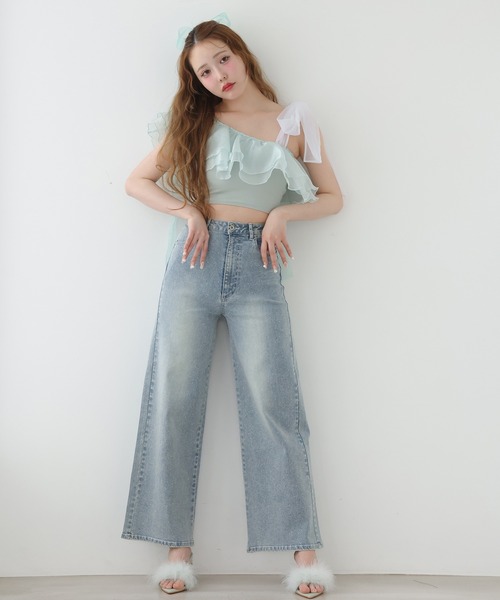 セール】swimwear/肩リボンワンショルダー/3点セット（水着）｜one