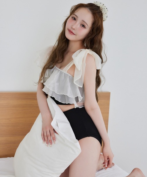 one after another NICE CLAUP（ワンアフターアナザーナイスクラップ）の「swimwear/肩リボンワンショルダー/3点セット（水着・レディース・チェック/ミント/アイボリー/ブラック・FREE）」の13枚目の写真