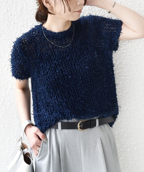 SHIPS Colors(シップス カラーズ)の「SHIPS Colors:〈手洗い可能〉チュールヤーン ミックス ショートスリーブ ニット(ニット/セーター・レディース・オフホワイト/ネイビー・ONE SIZE)」の11枚目の写真