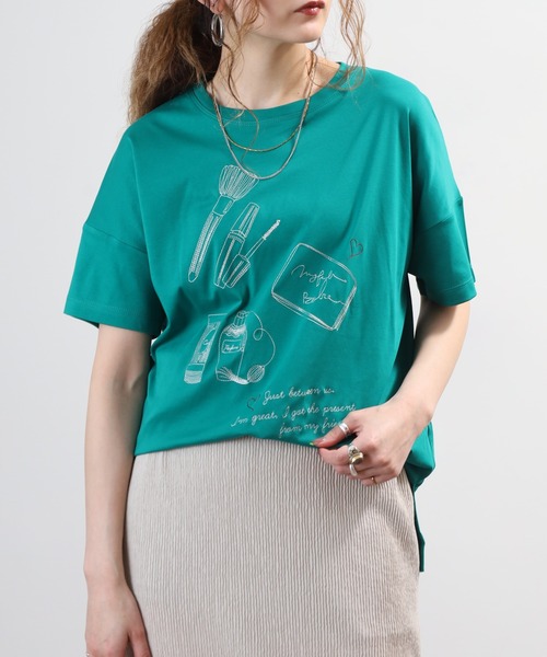 EGLANTINE(エグランティーヌ)の「EGLANTINE コスメ柄刺繍半袖Tシャツ 日本製 ローズペトール(Tシャツ/カットソー・レディース・オフホワイト/グリーン・38)」の3枚目の写真