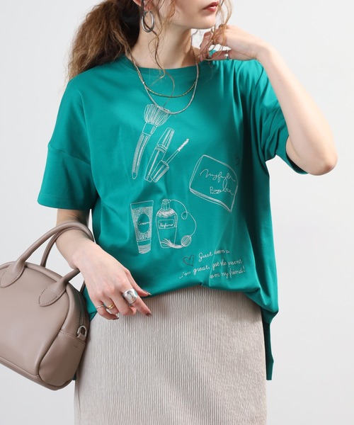 EGLANTINE(エグランティーヌ)の「EGLANTINE コスメ柄刺繍半袖Tシャツ 日本製 ローズペトール(Tシャツ/カットソー・レディース・オフホワイト/グリーン・38)」の4枚目の写真