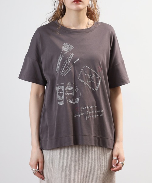 EGLANTINE(エグランティーヌ)の「EGLANTINE コスメ柄刺繍半袖Tシャツ 日本製 ローズペトール(Tシャツ/カットソー・レディース・オフホワイト/グリーン・38)」の22枚目の写真