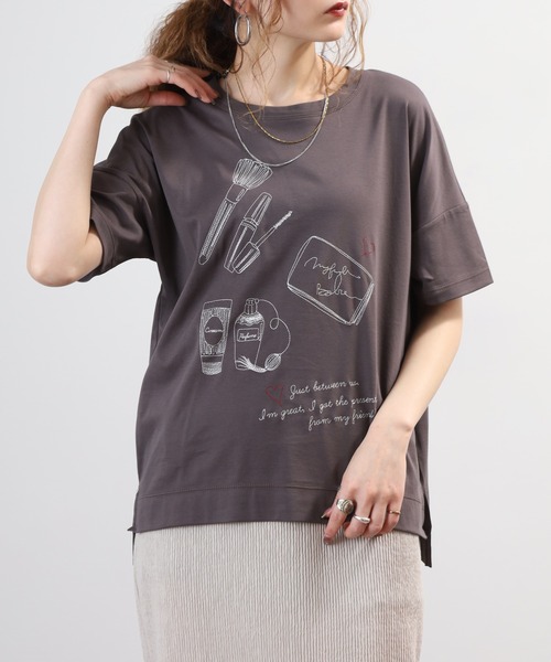 EGLANTINE(エグランティーヌ)の「EGLANTINE コスメ柄刺繍半袖Tシャツ 日本製 ローズペトール(Tシャツ/カットソー・レディース・オフホワイト/グリーン・38)」の15枚目の写真