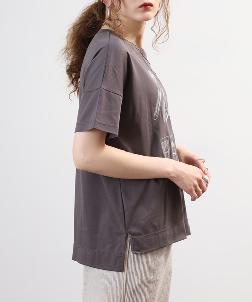EGLANTINE(エグランティーヌ)の「EGLANTINE コスメ柄刺繍半袖Tシャツ 日本製 ローズペトール(Tシャツ/カットソー・レディース・オフホワイト/グリーン・38)」の18枚目の写真