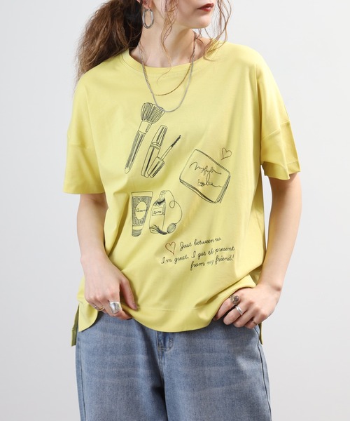 EGLANTINE(エグランティーヌ)の「EGLANTINE コスメ柄刺繍半袖Tシャツ 日本製 ローズペトール(Tシャツ/カットソー・レディース・オフホワイト/グリーン・38)」の8枚目の写真