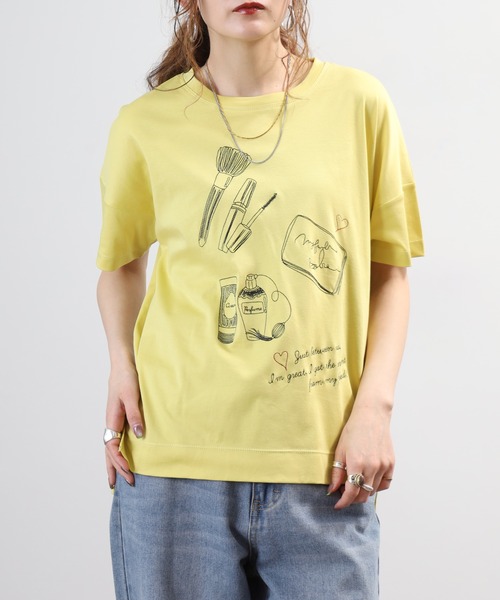 EGLANTINE(エグランティーヌ)の「EGLANTINE コスメ柄刺繍半袖Tシャツ 日本製 ローズペトール(Tシャツ/カットソー・レディース・オフホワイト/グリーン・38)」の9枚目の写真