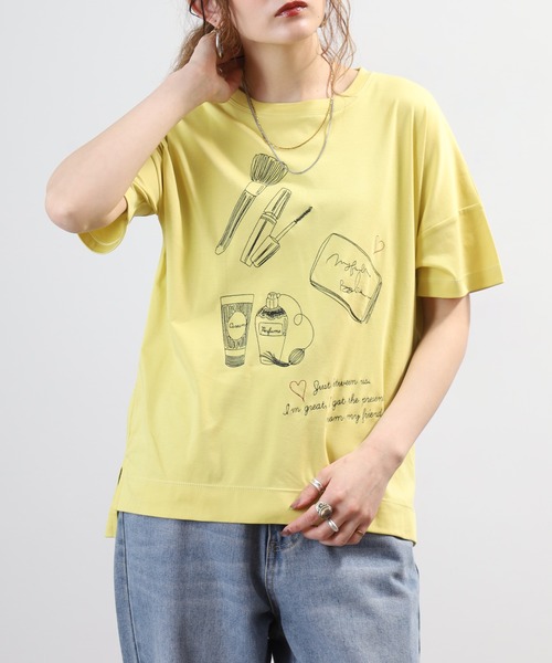 EGLANTINE(エグランティーヌ)の「EGLANTINE コスメ柄刺繍半袖Tシャツ 日本製 ローズペトール(Tシャツ/カットソー・レディース・オフホワイト/グリーン・38)」の10枚目の写真