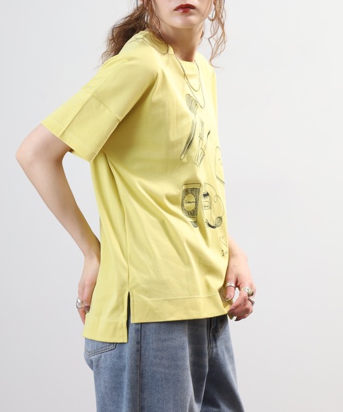 EGLANTINE(エグランティーヌ)の「EGLANTINE コスメ柄刺繍半袖Tシャツ 日本製 ローズペトール(Tシャツ/カットソー・レディース・オフホワイト/グリーン・38)」の11枚目の写真