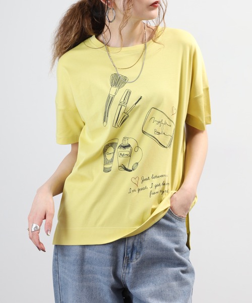 EGLANTINE(エグランティーヌ)の「EGLANTINE コスメ柄刺繍半袖Tシャツ 日本製 ローズペトール(Tシャツ/カットソー・レディース・オフホワイト/グリーン・38)」の12枚目の写真