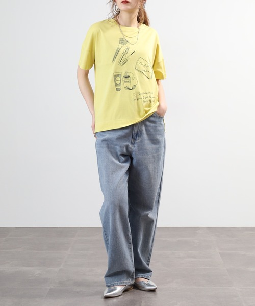 EGLANTINE(エグランティーヌ)の「EGLANTINE コスメ柄刺繍半袖Tシャツ 日本製 ローズペトール(Tシャツ/カットソー・レディース・オフホワイト/グリーン・38)」の13枚目の写真
