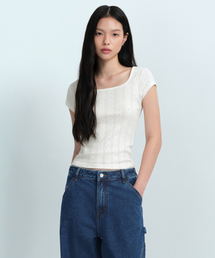 MUSINSA STANDARD WOMAN | ウィメンズポインテイルスクエアネックキャップスリーブTシャツ[クリーム](Tシャツ/カットソー)