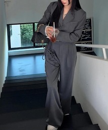 レース切り替え クロップドジャケット タックワイドパンツ セットアップ