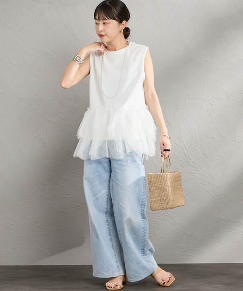 nenom（ネノム）の「[nenom/ネノム] チュールドッキング ペプラムノースリーブT（Tシャツ/カットソー・レディース・オフホワイト/ブラウン/ブラック・F）」の4枚目の写真