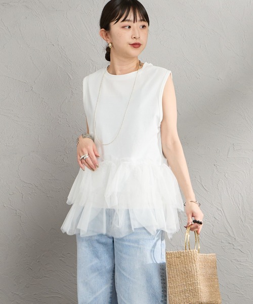 nenom（ネノム）の「[nenom/ネノム] チュールドッキング ペプラムノースリーブT（Tシャツ/カットソー・レディース・オフホワイト/ブラウン/ブラック・F）」の6枚目の写真