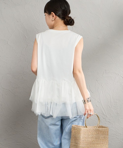 nenom（ネノム）の「[nenom/ネノム] チュールドッキング ペプラムノースリーブT（Tシャツ/カットソー・レディース・オフホワイト/ブラウン/ブラック・F）」の8枚目の写真