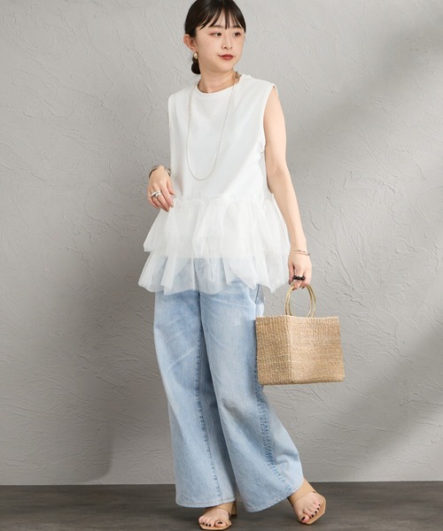 nenom（ネノム）の「[nenom/ネノム] チュールドッキング ペプラムノースリーブT（Tシャツ/カットソー・レディース・オフホワイト/ブラウン/ブラック・F）」の9枚目の写真