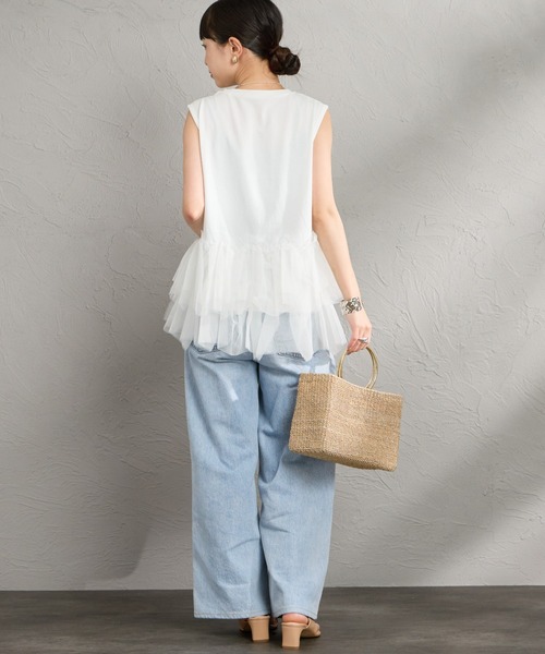 nenom（ネノム）の「[nenom/ネノム] チュールドッキング ペプラムノースリーブT（Tシャツ/カットソー・レディース・オフホワイト/ブラウン/ブラック・F）」の11枚目の写真