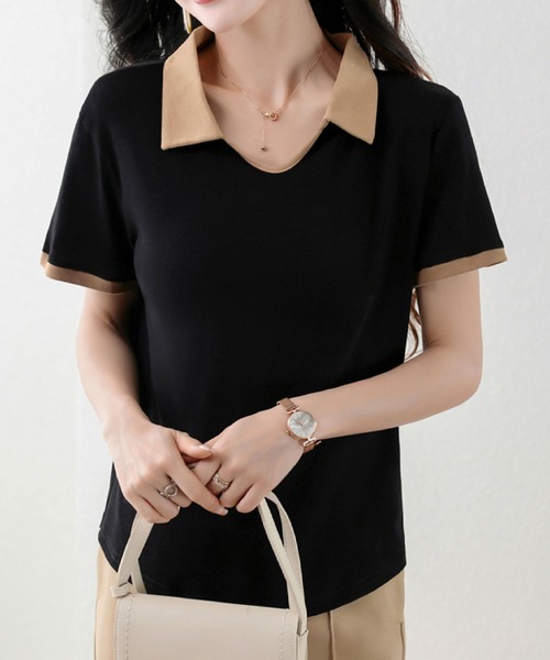 2ly2(トゥーリートゥー)の「半袖ブラウス 配色襟 ポロシャツ風 カットソー 韓国 春夏(Tシャツ/カットソー・レディース・ブラック/ベージュ・FREE)」の1枚目の写真